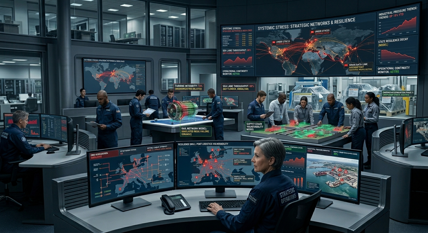 Ingenieros y especialistas trabajando en un centro tecnológico de alta seguridad con pantallas, sistemas industriales y monitoreo estratégico relacionado con infraestructura de defensa y modernización nuclear.